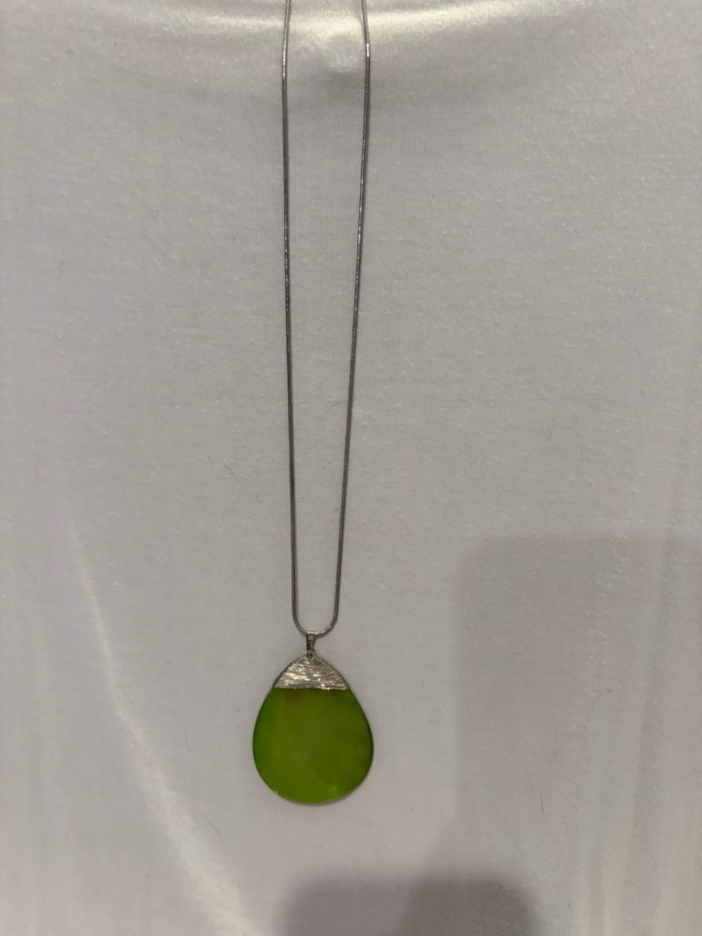 Green Teardrop Pendant Necklace - Silver Tone
